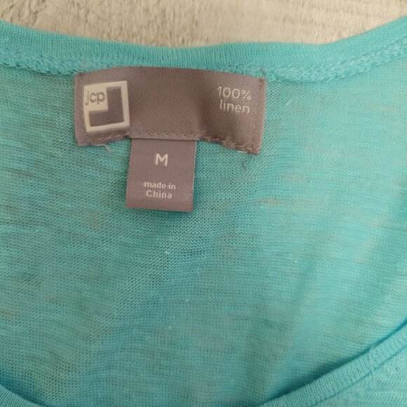 JCP Turquoise Short Sleeve 100% Linen Womens Top Geometric Floral Print Size M - Picture 5 of 9